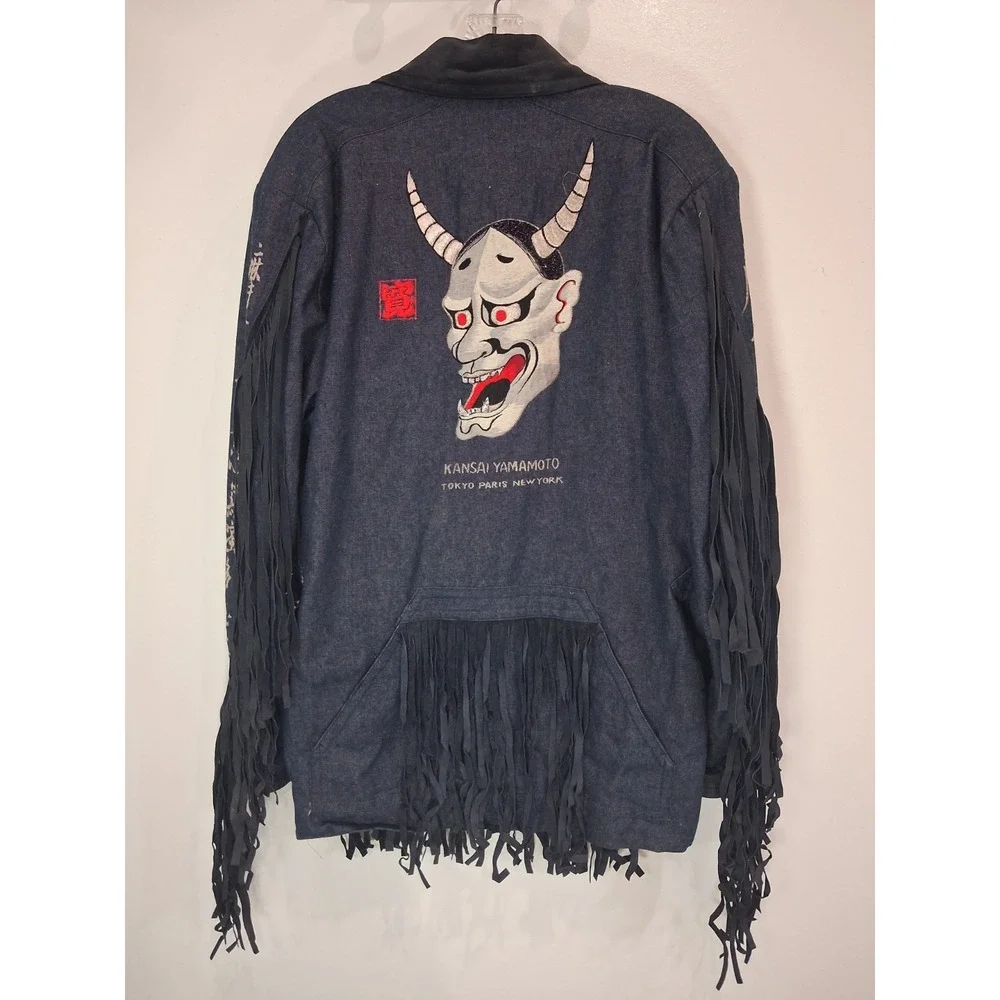 Archival 1980s Kansai Yamamoto Denim Suit Leather Fringe Hannya Mask Japan